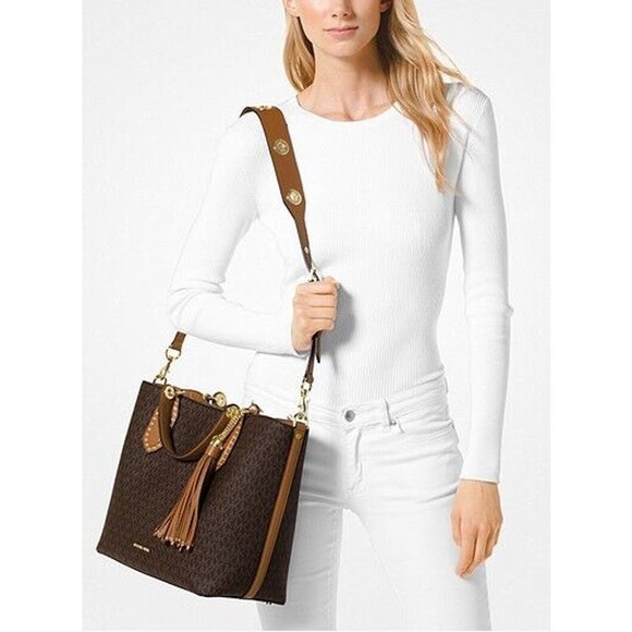 Michael Kors Brooklyn Ladies Large Brown Canvas Satchel Bag - Picture 3 of 16